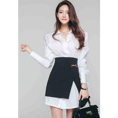 Autumn New White Shirt Dress Casual Dresses 2 Pieces Office Lady Party Sexy Elegant OL Occupation Simple Series Vestidos