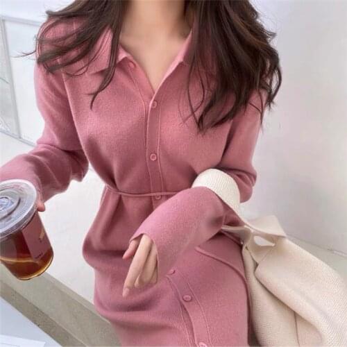 Sweater Dress Women Single Breasted Turn Down Collar Long Sleeve Sweater Cardigan Slim Vintage Korean Party Dress Oversized W048