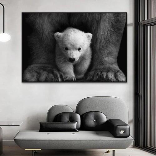 Polar Bear Black And White Canvas Painting Modern Animal Art Wall Poster Bear Baby Pictures For Living Room Decoration Frameless