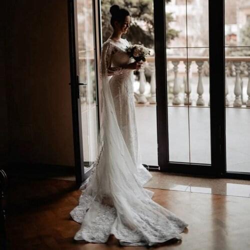 Sexy Lace Mermaid Long Wedding Dresses With Long Cape Appliques Ruffles Bridal Dresses Wedding Gowns Robe De Mariee