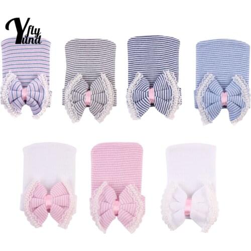 Yundfly Fashion Pearls Lace Bowknot Infant Hats Comfortable Warm Knitting Cotton Newborn Caps Striped Headwear Photography Props
