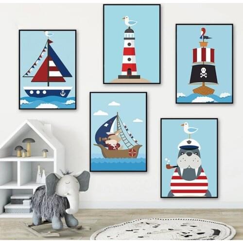 Modern Cartoon Sailboat Sailor Wall Art Canvas Painting Nordic Posters and Prints Wall Pictures for Living Children Room Decor