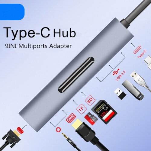 Thunderbolt 3 USB Type-c to HDMI 4K VGA USB3.0x3 Hub TF SD Slot USB-C PD Audio Female Portable 9in1 Adapter for Macbook Pro 2018