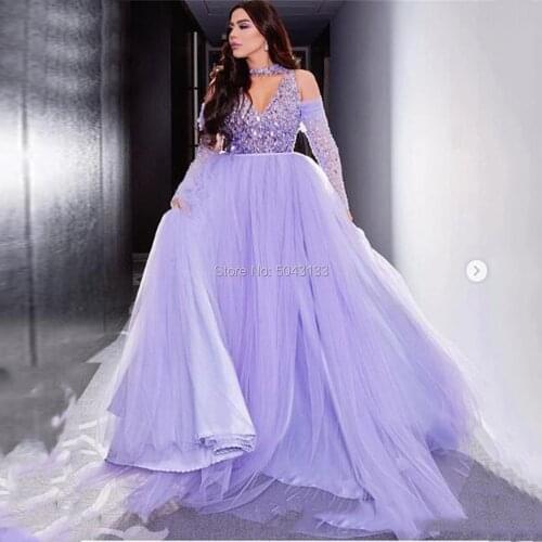 Halter Beading Evening Dresses Elegant Sequin Off Shoulder Soft Tulle Prom evening Gowns Long Sleeve African Party Evening Dress