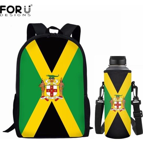 FORUDESIGNS Colorful Student Canvas School Backpacks Set Jamaican Flag Design Big Schoolbags Shoulder Carrier Bottle Sleeve Bags