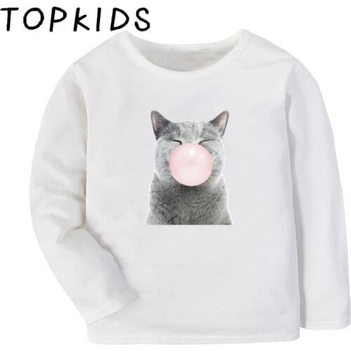 Bubble Gum Cat Print Funny Kids T-shirt Children Cute Animals Panda Pig Rabbit Tops Baby Boys Girls Long Sleeve T shirt,LKP2059