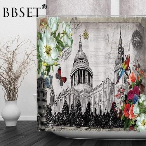 Building Shower Curtain Retro Building Sketch Watercolor Flower Pattern Waterproof Multi-size Cortina De Bano Bathroom Decor