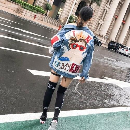 TREND-Setter 2018 Autumn Fashion Cartoon Angel Denim Jacket Women Hole Harakuju Letter Jean Jacket and Coat Outwear