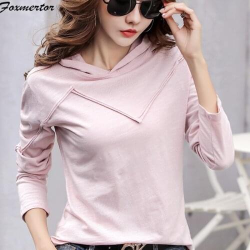T Shirt Women 2021 Spring Fall Hooded T-Shirt Casual Tshirt Woman Cotton Top Tee Female Long Sleeve Pink Camisetas Feminina 3XL