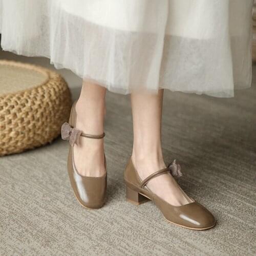 Spring/Autumn Women Shoes Round Toe Square Heel Genuine Leather Mary Janes Shoes Sweet Butterfly-knot Pumps Shoes Woman Heels