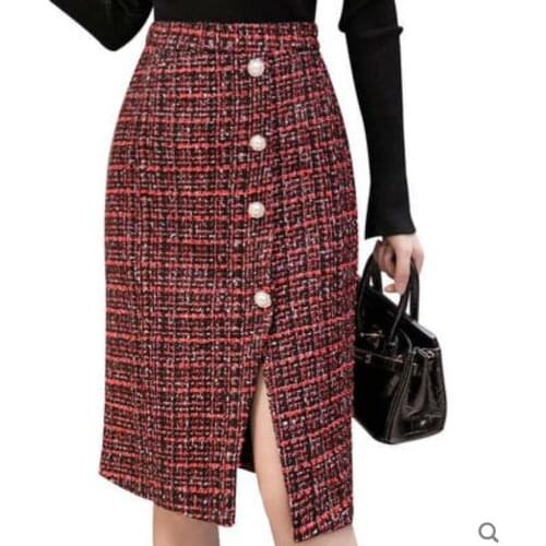 Vintage Plaid Tweed Skirt Women autumn winter Wool High Waist A-Line Business Work split skirt