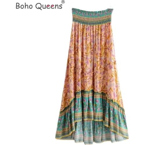 Boho Queens fashion Vintage women beach Bohemian floral Peacock print skirt High Elastic Waist Maxi A-Line Boho Skirt Femme