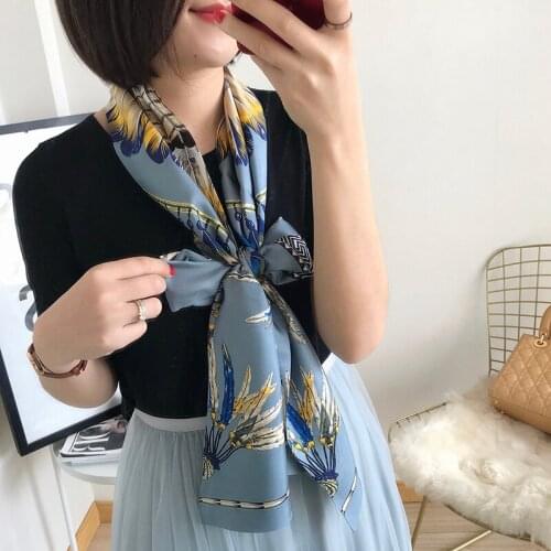 Women Long 100% Silk Scarf Neckerchief Head Hair Accessories Fashion Indian Feathers Prints Silk Wraps Foulard