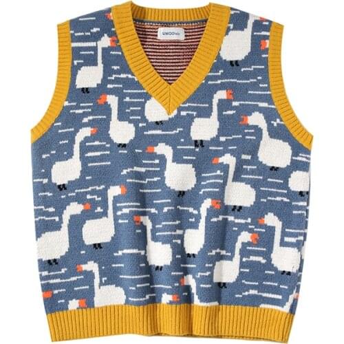 Spring New Casual Loose Womens Cartoon Duckling Jacquard Knitted Sleeveless Vest Lovers Autumn Warm V-neck Pullover
