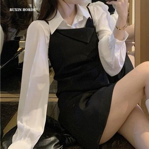 V Neck Sling Mini Dresses Pearl Button Two-Piece Sets Contrast Color Splicing Folds Slit Women Clothing Formal Elegant Commuter