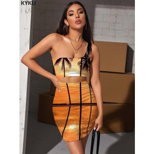 KYKU Landscape Dress Women Hawaii 3d Print Coconut Tree Bodycon Dress Sunset Glow Hollow out Dresses Womens Clothing