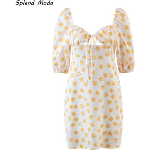 Splend Moda 2021 Sweet Chic Yellow Floral Print Daisy Hollow Out Lace-Up Puff Sleeve Women Dress Summer Vintage Vestido Fashion
