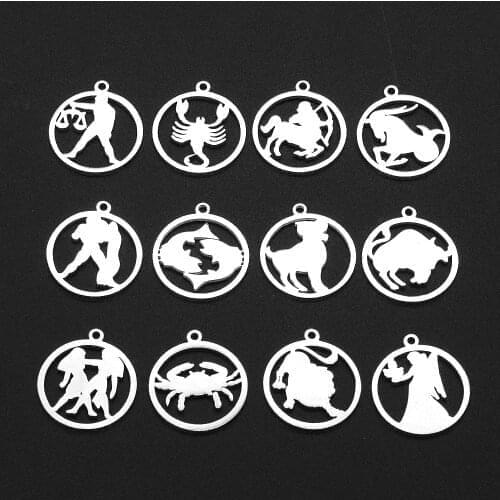 12pcs/set Zodiac Sign Stainless Steel Horoscope DIY Jewelry Charms Connector Wholesale Top Quality Necklace Making Finding