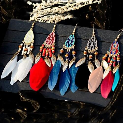2021 Bohemian Long Feather Dangle Earrings For Women Beach Chain Tassel Drop Earrings Wedding Bride Jewelry Oorbellen Hangers
