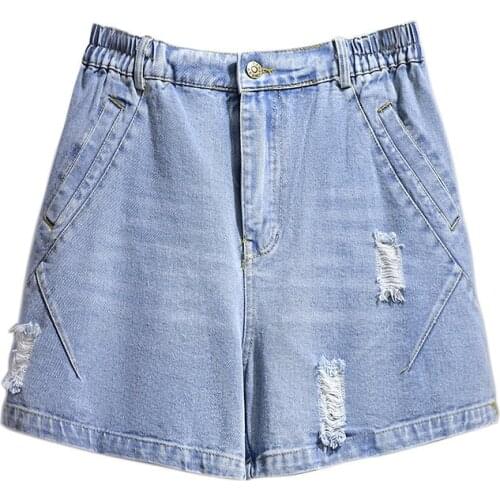 2021 New Oversized Women Hole Casual Pants Spring Elastic Waist Loose Denim Shorts Summer Wide Leg Jeans Plus Size XXL-6XL KW504