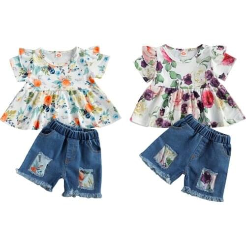 2021 2-7Y Summer Girls Clothes Sets Flower Print Flying Sleeve Tops and Denim Shorts 2pcs Suit for Vacation Birthday Party