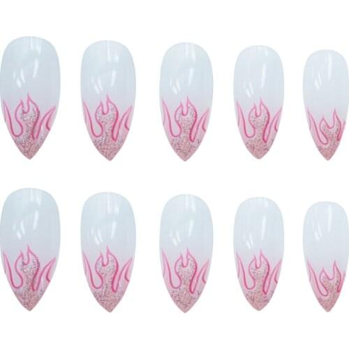 24Pcs Detachable Long Coffin False Nails Press on Nail Wearable Waterproof Pink Fire Fake Nail Full Cover Nail Tip Manicure Tool