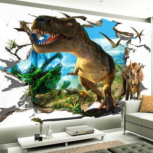 3D Wall Mural Wallpaper Custom Stereo Cartoon Broken Wall Dinosaur Backdrop Wall Covering Kids Room Living Room Papel Mural 3 D