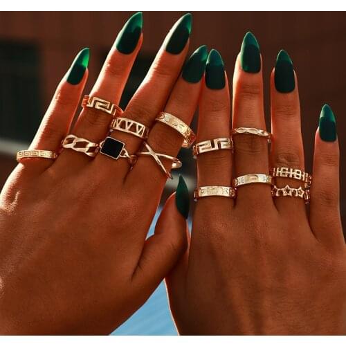 Bohemian Retro Alloy Geometric Elements Set Ring Womens Letter Star Ring 13 Piece Set Finger Ring Party Jewelry