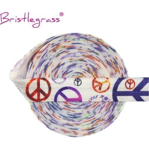 BRISTLEGRASS Wholesale 50 Yard 5/8" 15mm Peace Sign Symbol Print FOE Fold Over Elastics Spandex Satin Band Hair Tie Dress Sewing