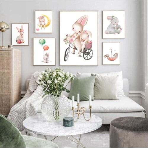 Baby Rabbit Canvas Painting Animal Print Pink Balloon Flower Cartoon Bunny s Nursery Wall Art Pictures Baby Room