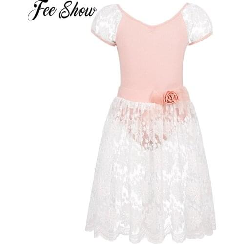 Kids Girls Cotton Ballet Dance Outfits Gymnastics Leotard with Embroidery Floral Lace Skirt Set Child Lyrical Dance Costumes