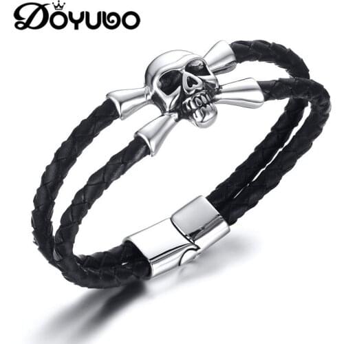 DOYUBO Punk Design Black Double Rope Bangles With Titanium Steel Magnetic Clasp Men Casting Skull Leather Bracelet Jewelry DD079