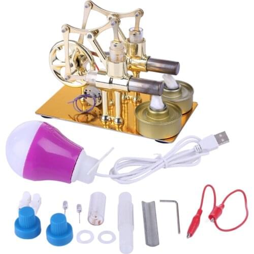 Gamma Stirling Engine Metal Double Cylinder Bulb External Combustion Heat Power Engine Model Physics Science Experiment Toy