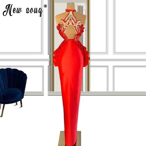 Red Evening Dress 2021 Halter Sexy Sleeveless Long Prom Dresses Back African Women Unique Satin Sequins Formal Gowns
