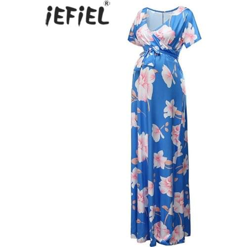 Summer Maternity Dresses for Photo Shoot Pregnant Women Floral Print V-neck Maxi Plus Size Dress Pregnancy Photography Clothes