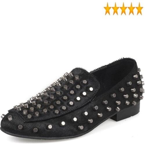 On Euro Round Toe Slip Mens Horsehair Loafers Punk Style Rivet British Breathable Casual Flat Party Wear Dress Shoes