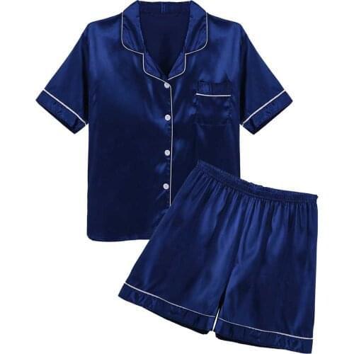 New Men Summer Silky Satin Pajamas Set Sleepwear Short Sleeves Button Down Loungewear Home Shirts Tops with Sleep Shorts Bottoms