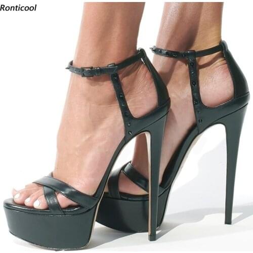 Ronticool Handmade Women Gladiator Platform Sandals Studs Ankle Strap Sexy Stiletto Heel Open Toe Black Party Shoes US Size 5-20