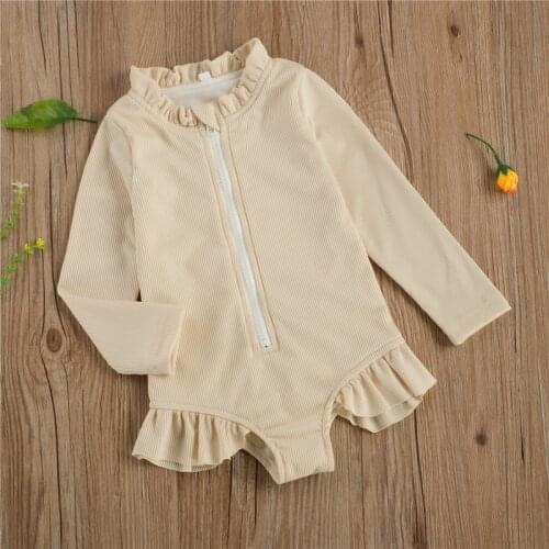 Xingqing Girls Long Sleeve One-Piece Swimsuit Solid Color Zipper Rash Guard Swimwear Bathing Suit Children One Piece Bikini