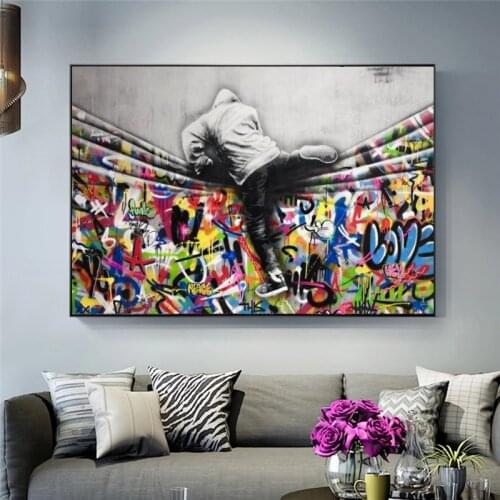 Modern Pop Street Art Canvas Posters Boy Step Over The Wall Canvas Posters and Prints Graffiti Art for Modern Home Decor Picture