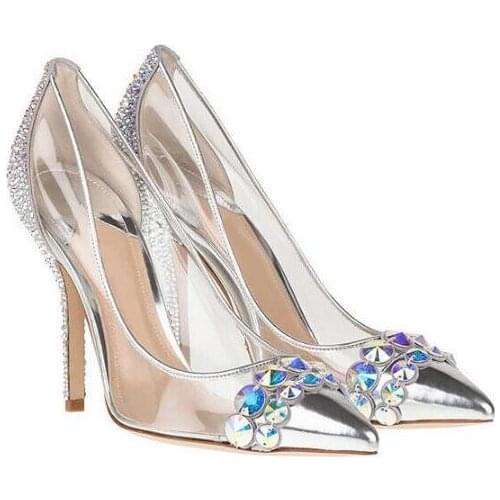 Shining Crystal Transparent Pumps Women Fashion Pointed Toe Rhinestone Wedding Shoes Sexy Thin Heel Silver Bridal Dress Shoes