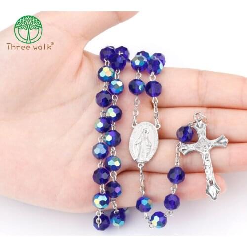 Top Quality Dark Blue Glass Beads Catholic Rosary Cross Pendant Necklace Statement Religious Maxi Necklace For Women