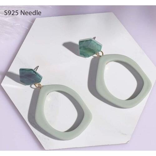 925 Sterling Silver Needle Long Dangle Drop Earrings for Women Jewelry Green Acrylic Geometric Simple Female Earrings