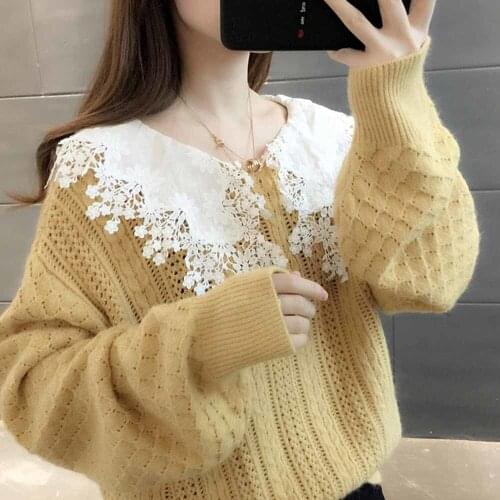 2021 Autumn Winter Vintage Lace Knitted Womens Sweater Fashion Turn-down Collar Long Sleeve Pullovers Ladies Chic Jumper Mujer
