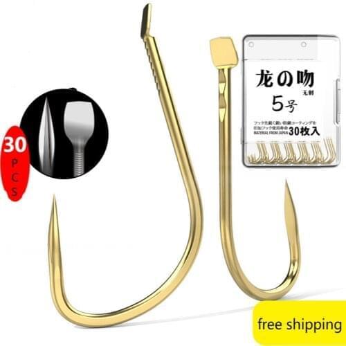 30pcs/box gold fishing hooks saltwater japan Barbed carp Fishing High Carbon Steel Holder Fishing In Fly Worm Set Pesca