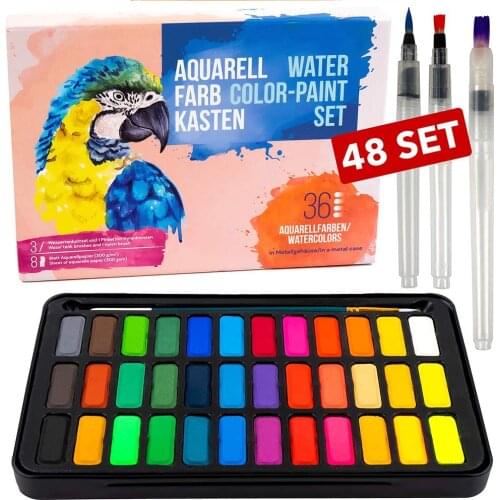 36Color Watercolor with 3Pcs Brush & 8Pcs Watercolor Paper Card 1Pcs Wood Brush for Beginner Painting Art Supplies SeamiArt
