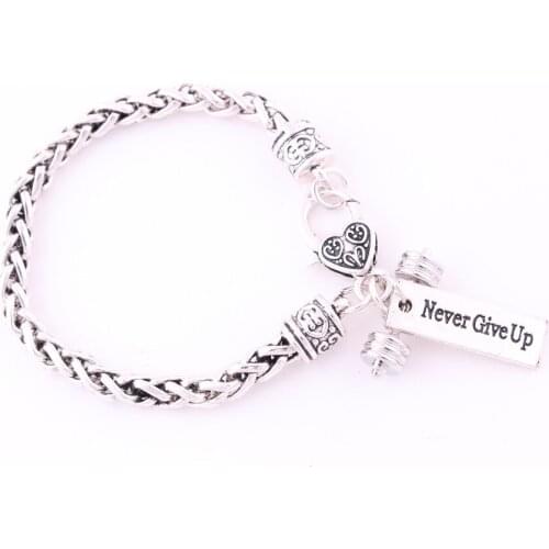 Large DUMBBELL BARBELL with NEVER GIVE UP antique sliver plated charm sports bracelet
