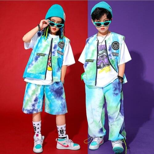Kids Concert Hip Hop Clothing Tshirt Sleeveless Tie Dye Jacket Streetwear Shorts For Girls Boys Jazz Dance Costume Stage Clothes