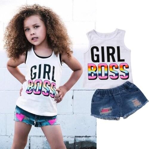 Newborn Kids Baby Girl Cotton Sleeveless Vest T-shirt Tops + Short Jean Shorts 2Pcs Set Outfits
