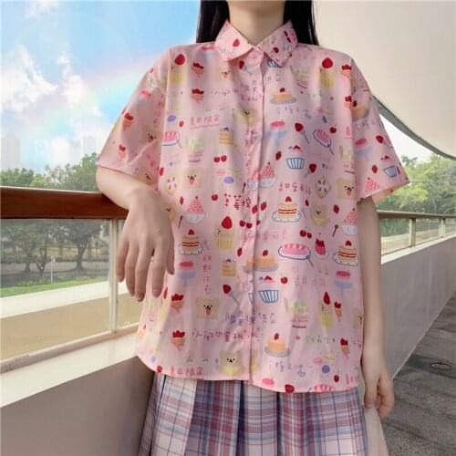 Kawaii Strawberry Cake Print Short Sleeve Shirts Girly Cute Tops Camisas Mujer Japanese Summer Women Sweet Lolita Pink Blouses
